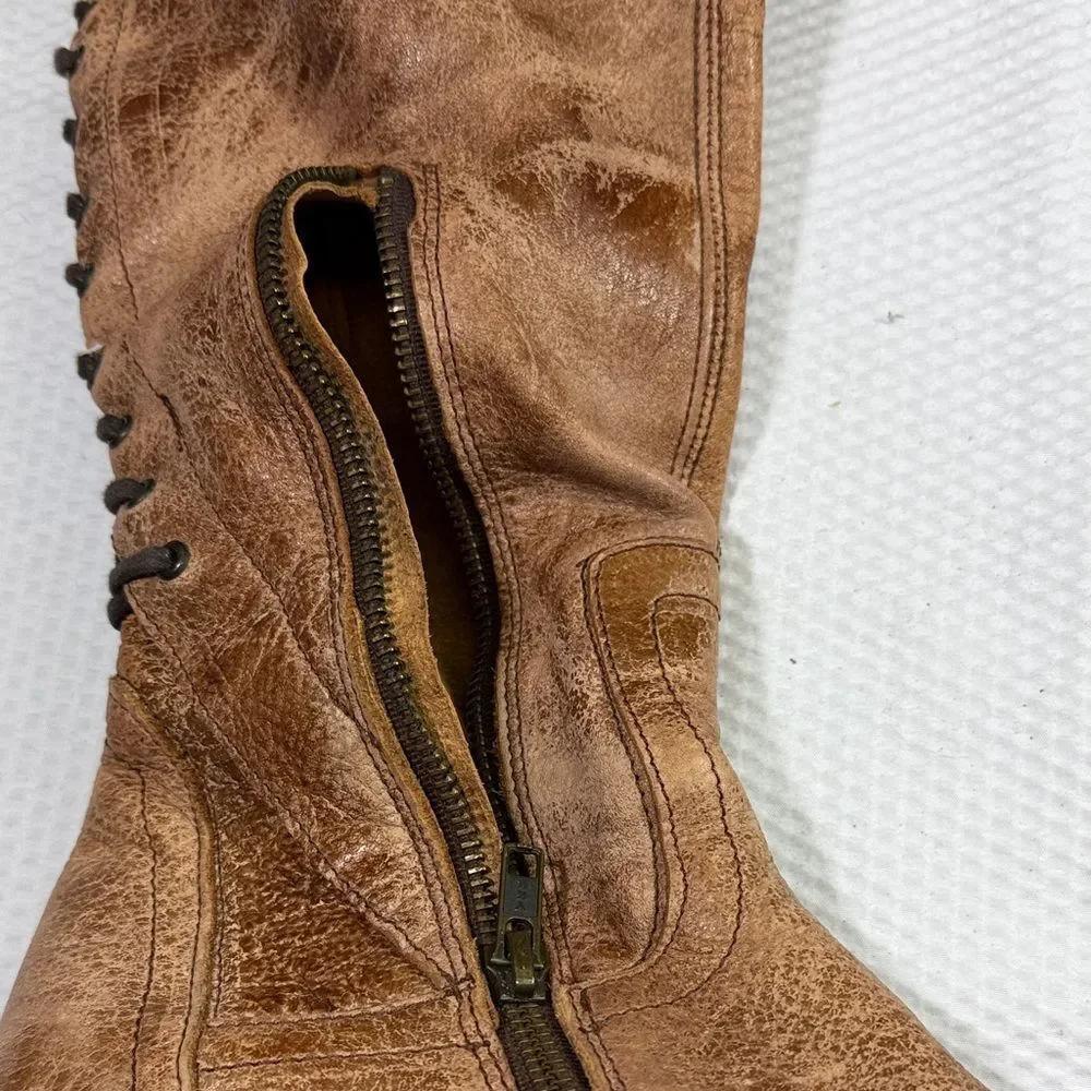 Bed Stu Benchmade Tan Knee-High Lace—Up Back Leather Boots size 8